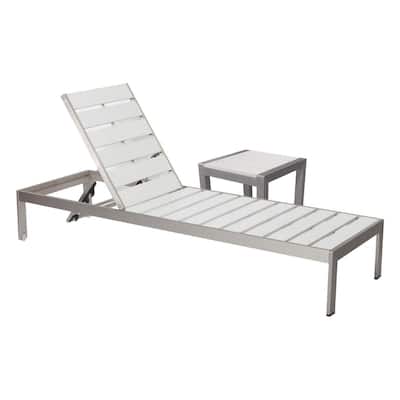 Metal Adjustable Slatted Lounger with Side Table, Set of 4, Gray and White