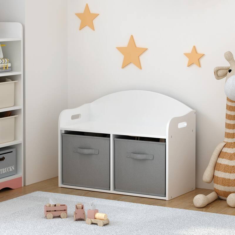 Anmytek White Storage Bench with Fabric Bins Kids Toy Organizer Entryway Seating