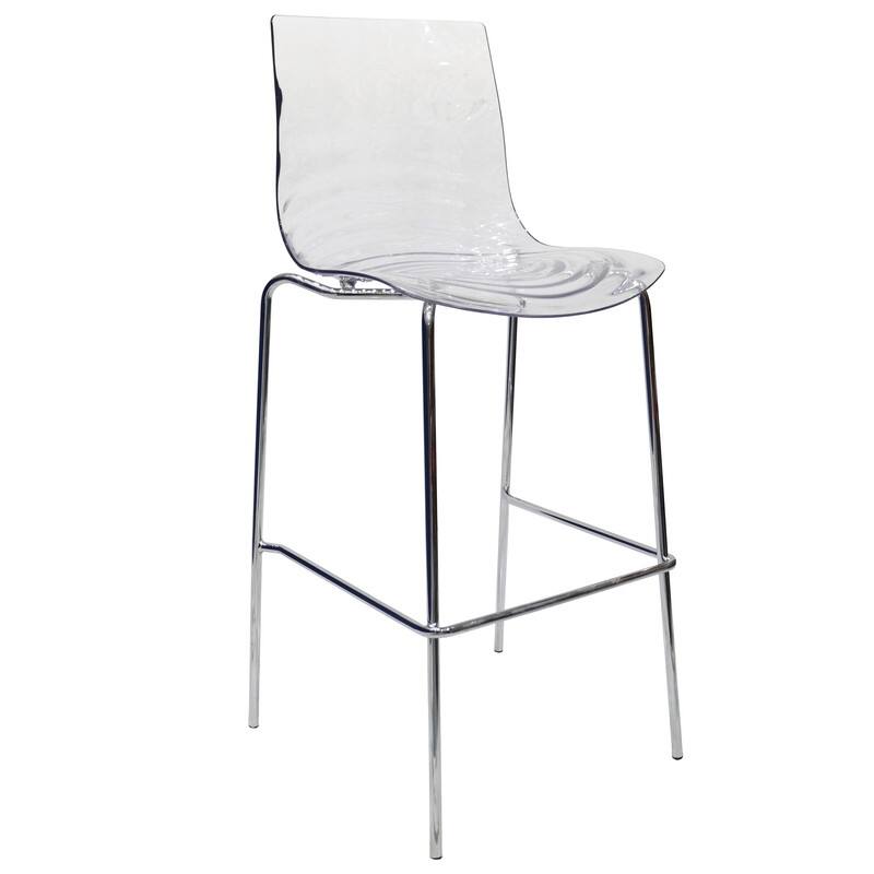 Astor Modern Plastic Bar Stool Chrome Steel Base Counter Stool with Ripple Swirl Seat Design and Footrest - Clear