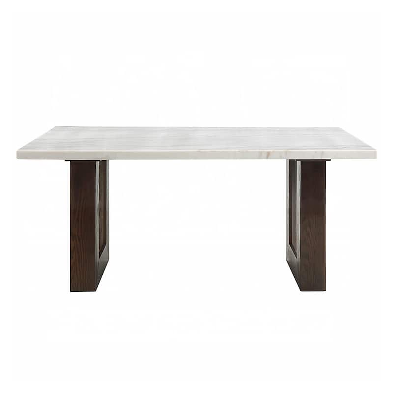 Rectangular Natural Marble Dining Table with Double U-Shape Base in White and Espresso - White/Espresso