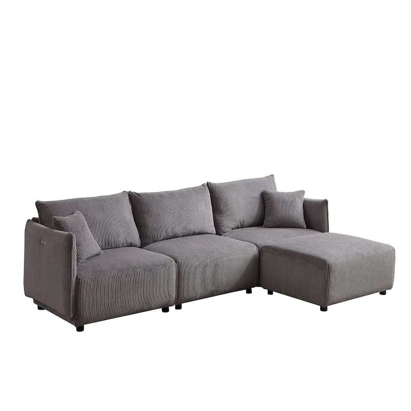 Grey 106" Corduroy 3-Seater Sectional Sofa with 2 Cushions and USB Charging Ports
