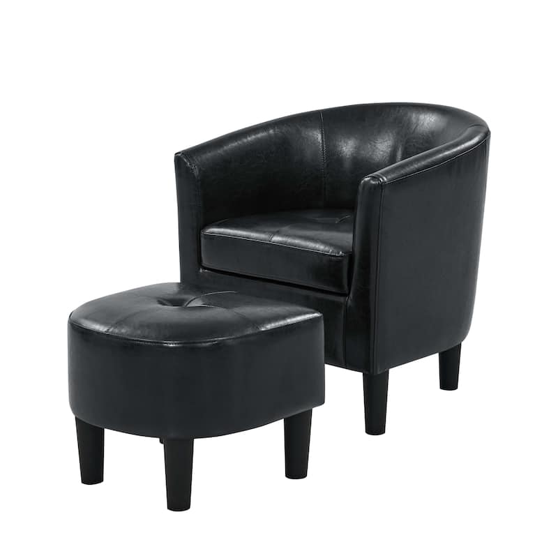 PU Leather Classic Barrel Chair with Ottoman,a kiln-dried solid and engineered wood frame that rests on plastic legs - Black PU