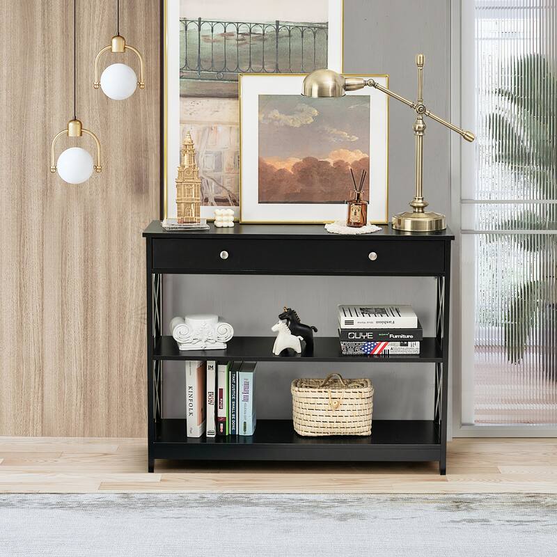 Costway 3-Tier Console Table X-Design Sofa Entryway Table with Drawer