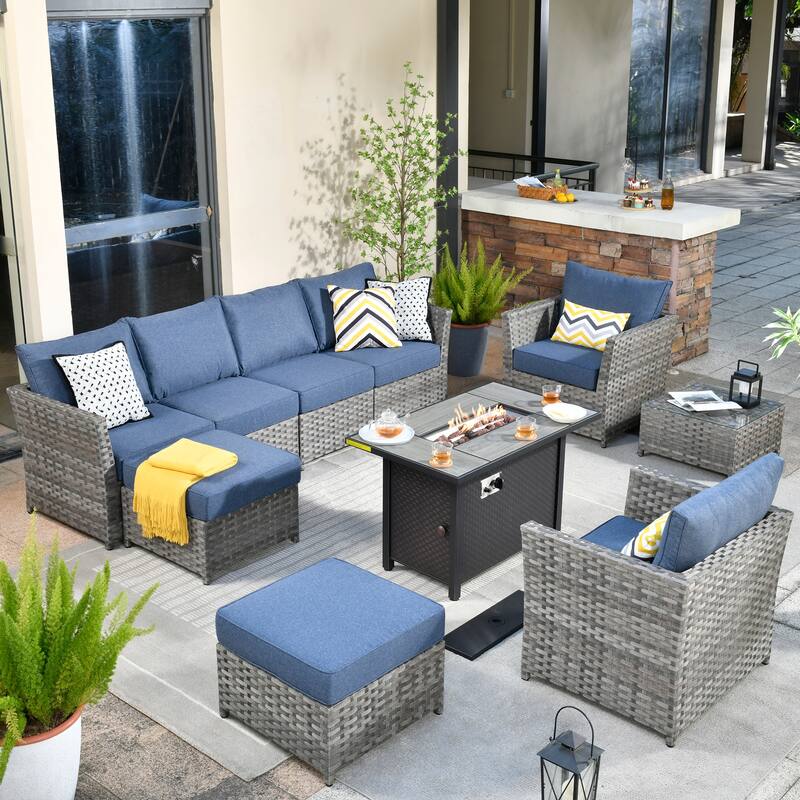 XIZZI 10-piece Patio Furniture Outdoor Sectional Sofa Set with Fire Pit - Denim Blue