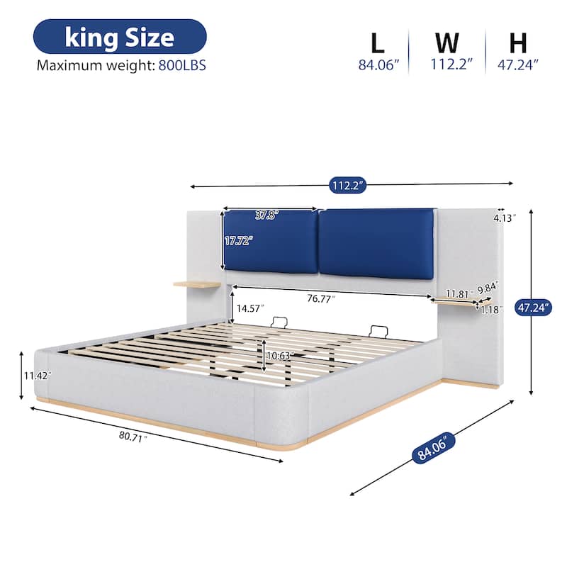 Roomfitters King Size Upholstered Platform Bed Frame, Modern Panel Headboard with Rounded Corners, Solid Wood Slats