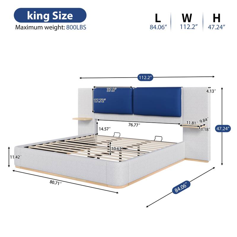 Upholstered Platform Bed Frame with Side Storage Panels, Soft Rounded Corners, Cushioned Headboard & No Box Spring Needed