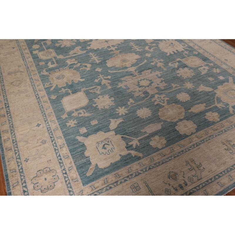 Teal Blue Vegetable Dye Oushak Turkish Rug Hand-Knotted Wool Carpet - 7'10" x 10'6"