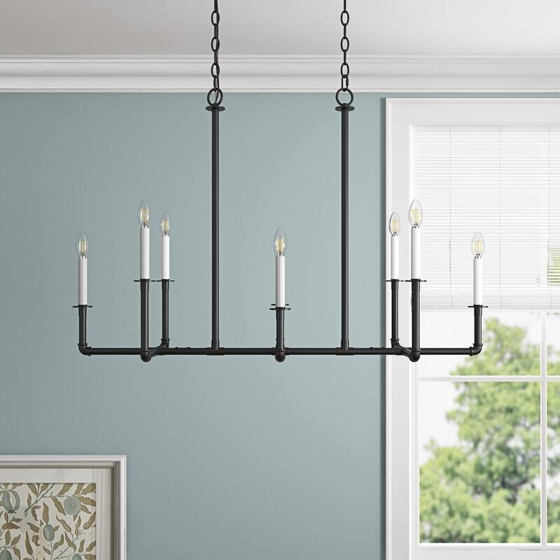Farmhouse Matte Black 8-Light Linear Frame Candle Chandelier for Kitchen Island