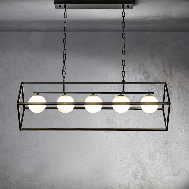 CraftHome 5-Light Matte Black Modern Industrial Linear Chandelier White Glass Pendant Fixture for Kitchen Island Lighting Decor