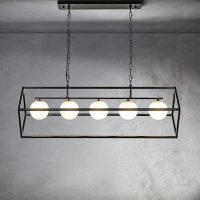 CraftHome 5-Light Matte Black Modern Industrial Linear Chandelier White Glass Pendant Fixture for Kitchen Island Lighting Decor