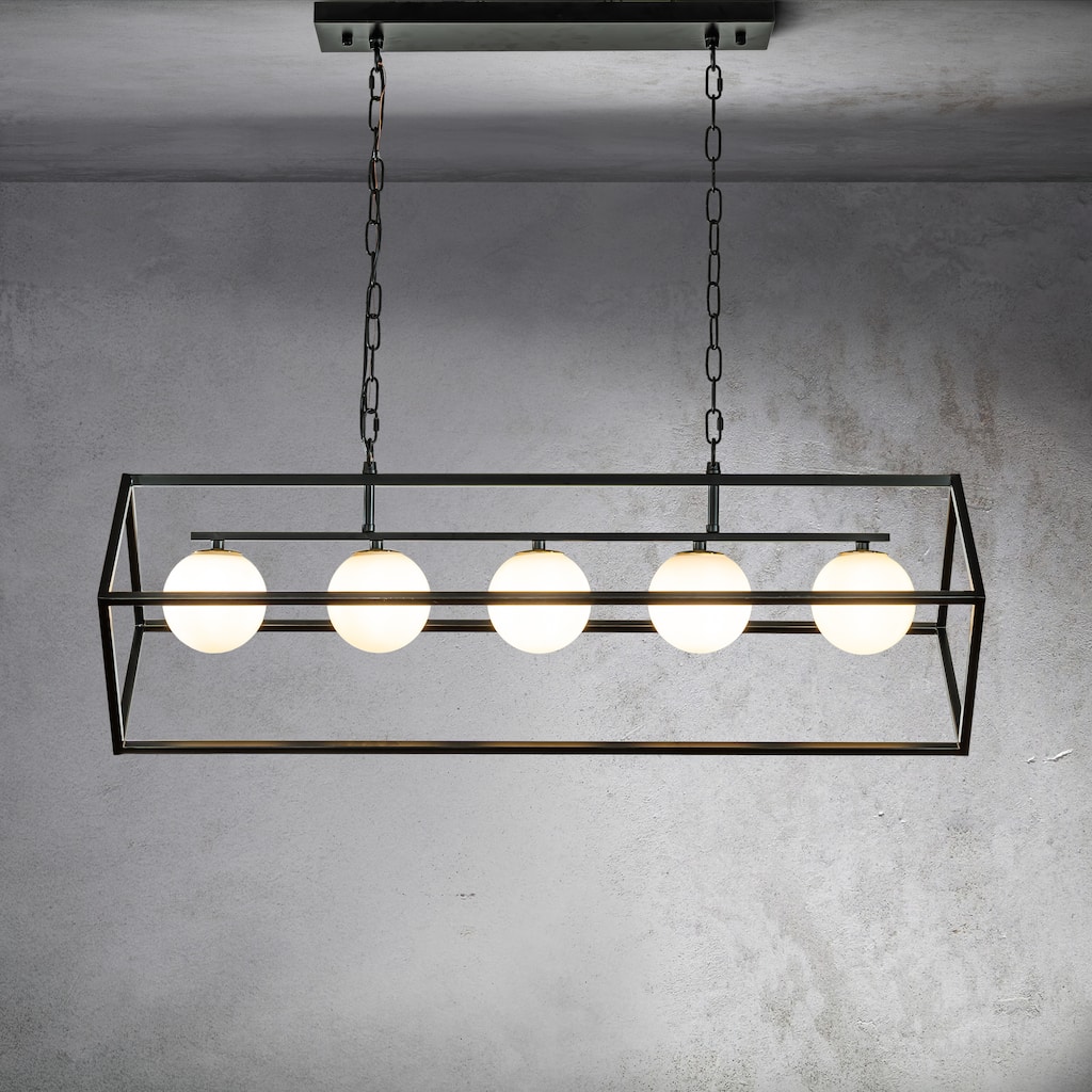 CraftHome 5-Light Matte Black Modern Industrial Linear Chandelier White Glass Pendant Fixture for Kitchen Island Lighting Decor