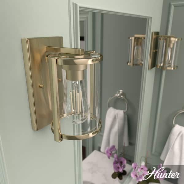 slide 2 of 15, Hunter Astwood 1-Light Wall Sconce, Clear Glass, Damp-Rated, Bath or Hall Light - Contemporary, Transitional, Art-Deco Alturas Gold