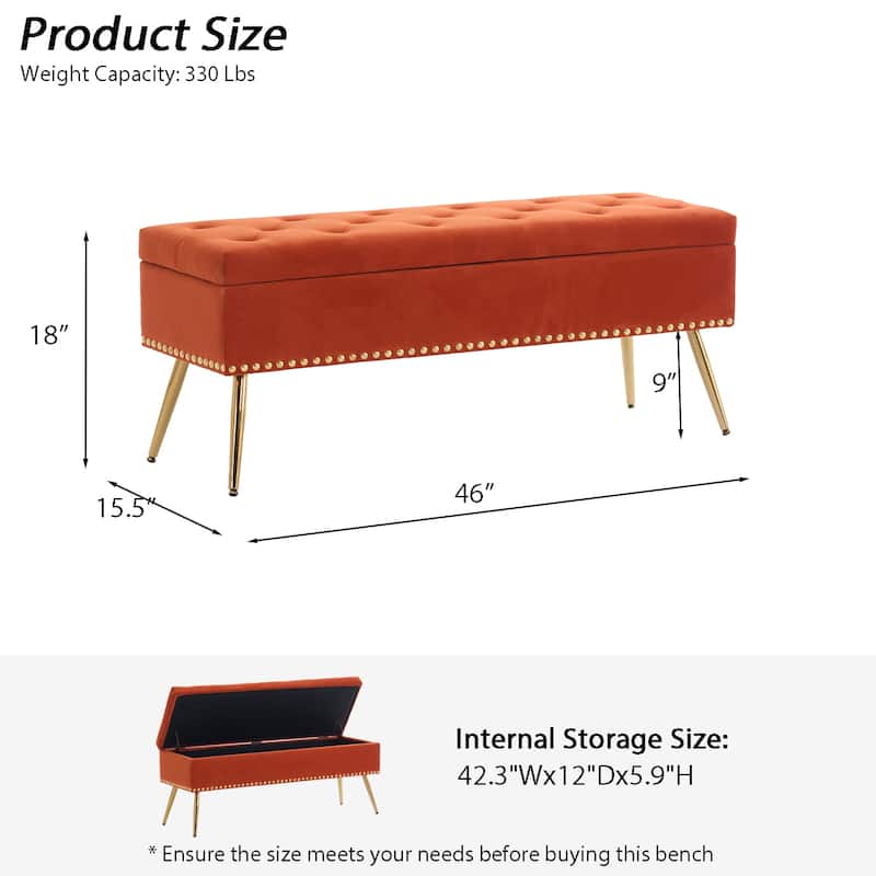 Velvet Storage Ottoman Bench with gold legs and Nailhead Trim for Bedroom/End of Bed/Entryway/Window