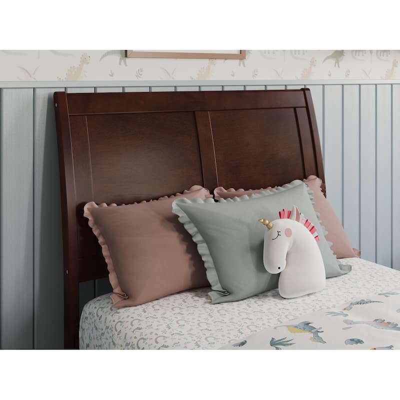 Twin Bed with Trundle & USB - Modern Platform Bed Frame, Walnut Finish - Sleek Sleigh Headboard