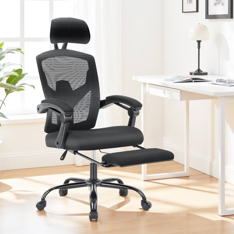 Ergonomic Office Chair with Footrest, High-Back Mesh Rolling Swivel Reclining Chairs Computer Desk Seat - Black