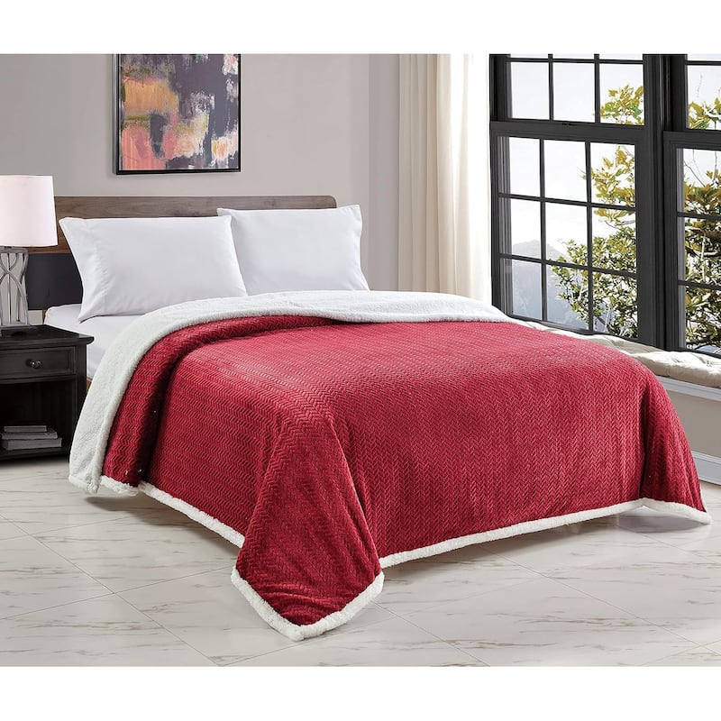 Décor&More HomeEssentials Extra Heavy and Plush Chevron Braided King Size Microplush Blanket with Sherpa Backing 108x90-Burgundy - King