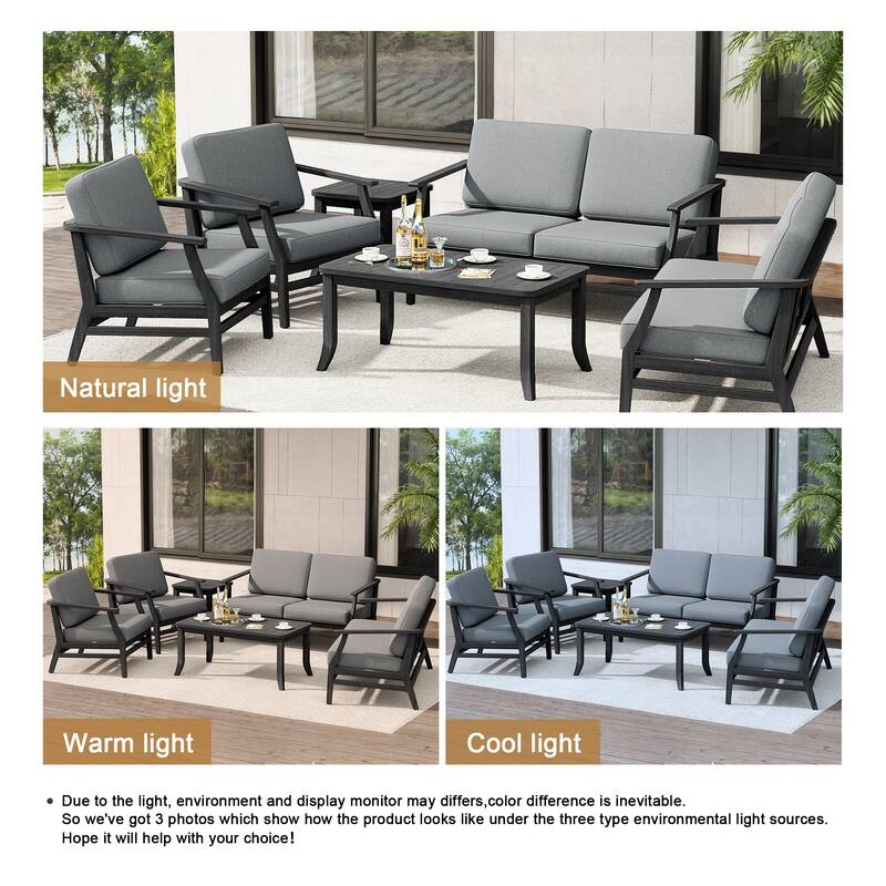 Teak Outdoor Patio Conversation Set with Cushions and Tables (6-Piece)