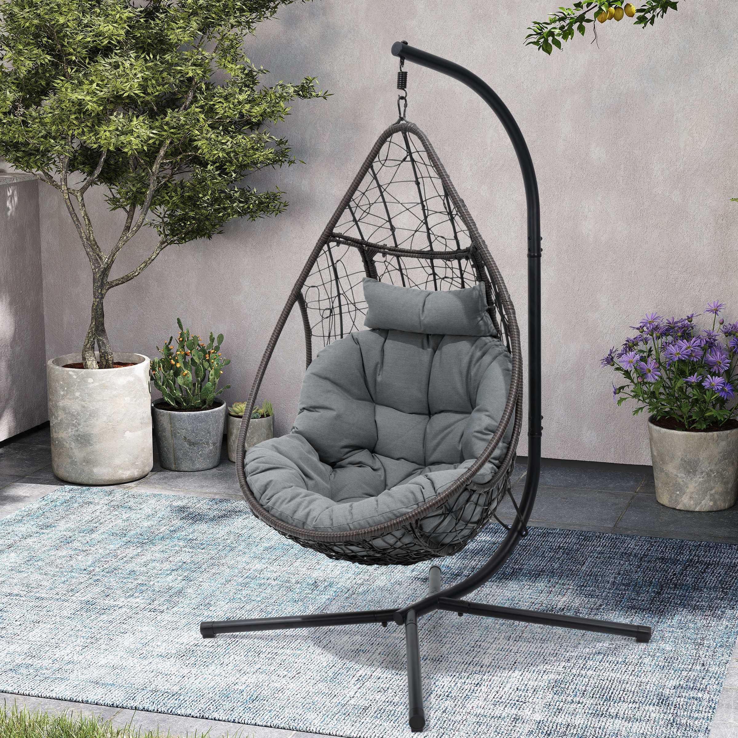 Outdoor Indoor Wicker Hanging Egg Chair Swing Hammock Basket Chair with Stand Grey