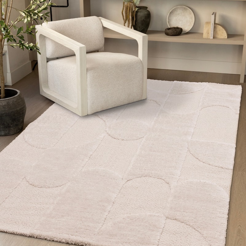 Luxurious Neutral White Overlapping Blocks Soft Textured Rug