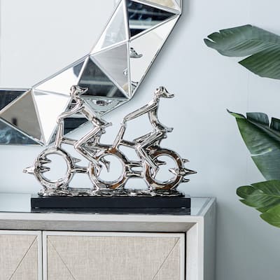 Silver Polystone People Decorative Sculpture with Bike - 18 x 3 x 13