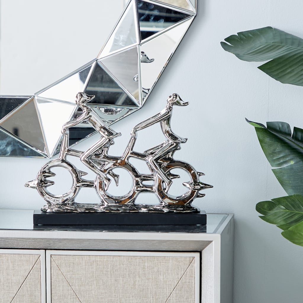 Silver Polystone People Decorative Sculpture with Bike - 18 x 3 x 13