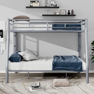 Metal Bunk Bed with Ladder and Guardrails, Cozy Sleeping Space, Full XL over Queen, Silver