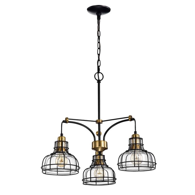 Black and Antique Gold 3-Light Chandelier with Clear Glass Shade