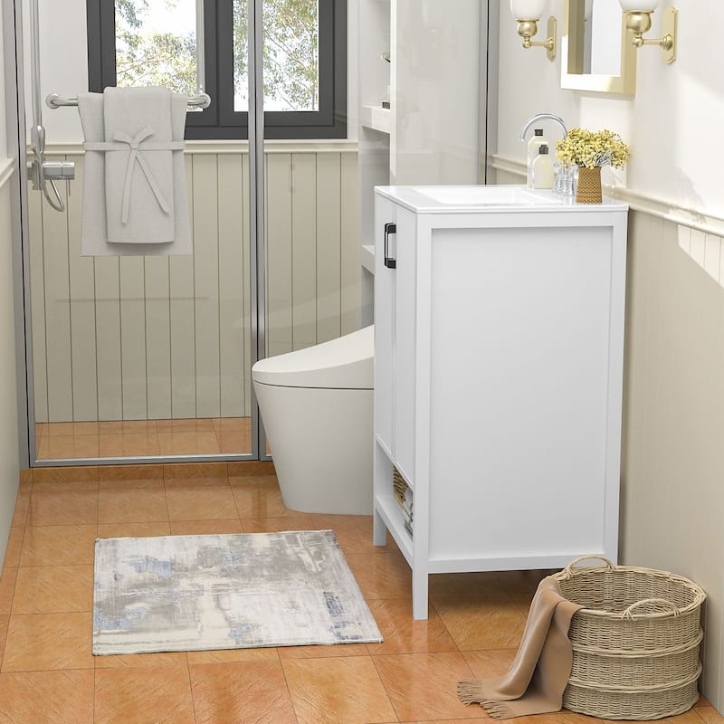 24" Freestanding Bathroom Vanity with Ceramic Sink, 2-Door Storage - White