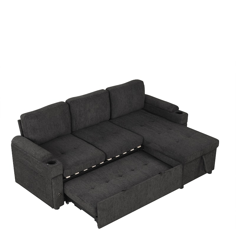 83.5" Chenille L-Shaped Sectional Sofa with Convertible Bed & Storage