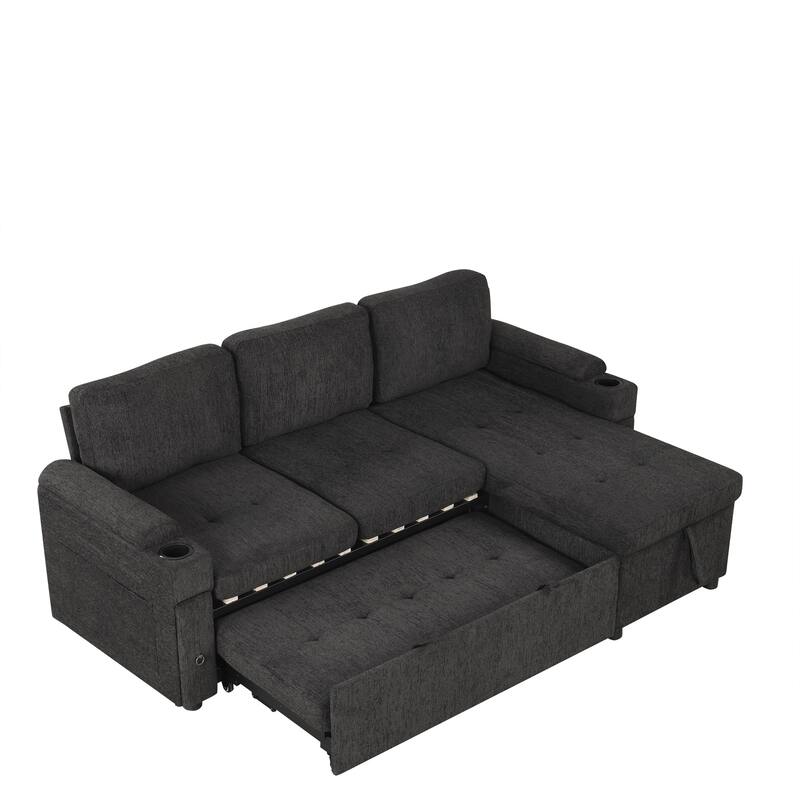 83.5" L-shaped Convertible Sofa Bed with Storage, Cup Holders & USB Ports, Black Chenille
