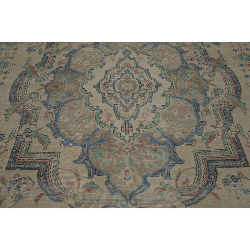 Hand Knotted Oriental 100% Wool Carpet Traditional Floral Beige & Ivories Tabriz Area Rug - 11' 0'' X 7' 10''