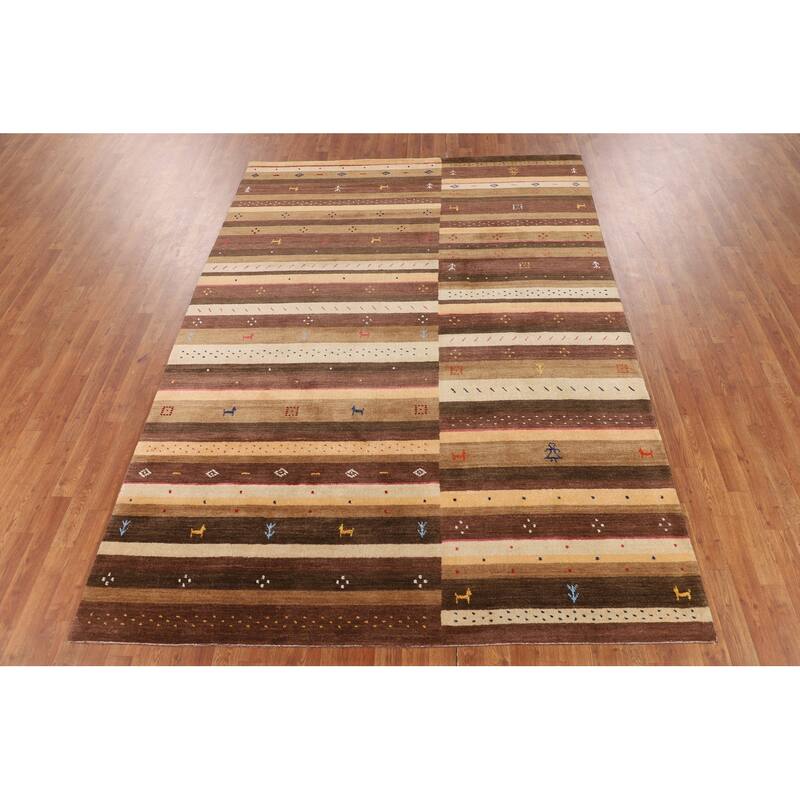 Striped Gabbeh Oriental Area Rug Hand-Knotted Brown Wool Carpet - 6'9" x 9'11"