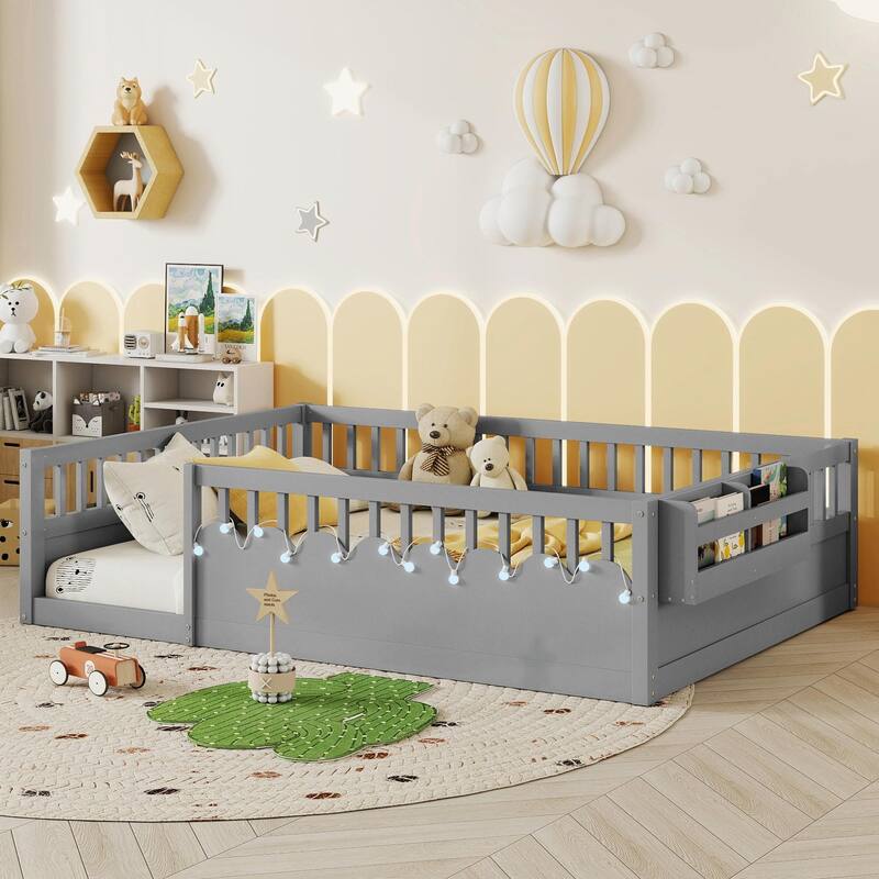Floor Bed Frame with High Rails, Wooden Kids Floor Bed with Light and Storage Shelf