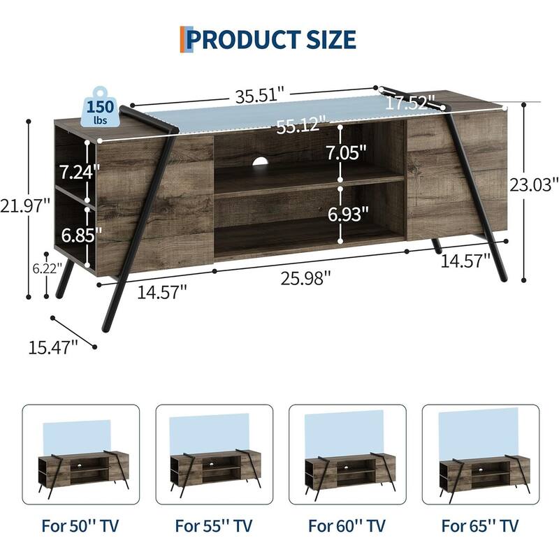 TV Stand, with Adjustable Open Shelves and Slanted Metal Legs
