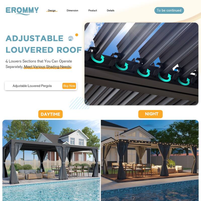 Outdoor Louvered Pergola, Outdoor Patio Hardtop Gazebo, Adjustable Metal Roof Curtains and Netting Included