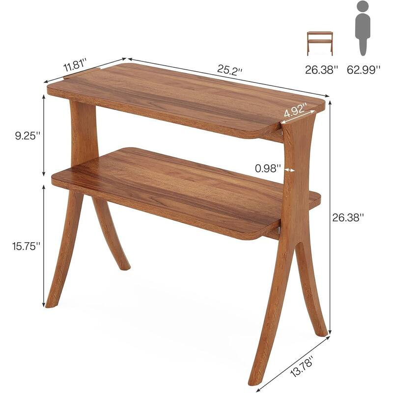 25.2" Narrow Walnut Side Table - 2-Tier Farmhouse End Table with Legs