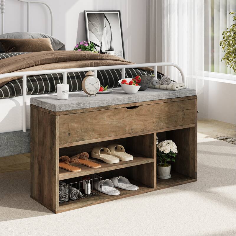 Shoe Storage Bench with a Cushioned Seat and 2 Tiers of Shelves