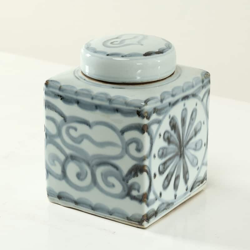 Approx.8 Inches Subtle Blue and White Square Jar with Floral Motif