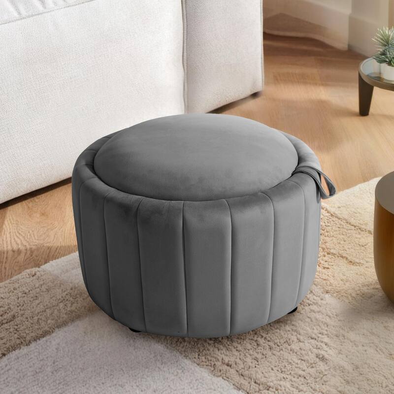 Modern Round Velvet Storage Ottoman Footrest Footstool - Grey