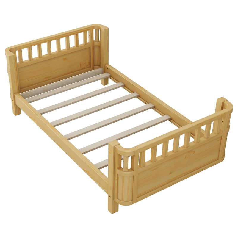 Twin Size Wood Platform Bed for Kids, Wood Low Profile Twin Bed with Rails for Girls and Boys, Natural