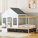 preview thumbnail 3 of 1, White Twin Size Pine Wood House Shaped Bed with Roof and Window, Blackboard and Little Shelf
