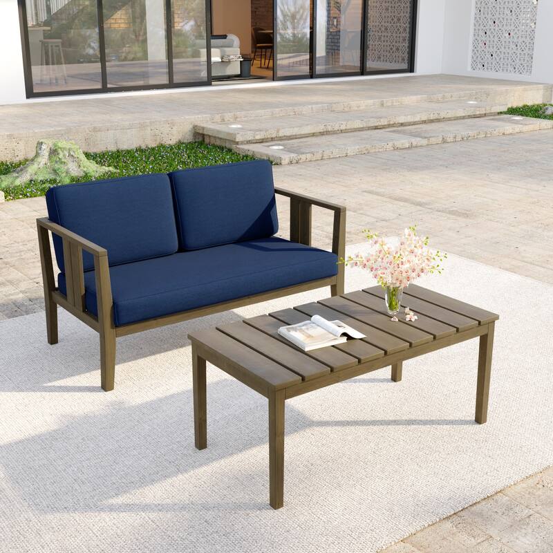 Casual 53"W Outdoor Patio Loveseat Set In Solid Teak Wood with Cushion - Natural Wood - Navy