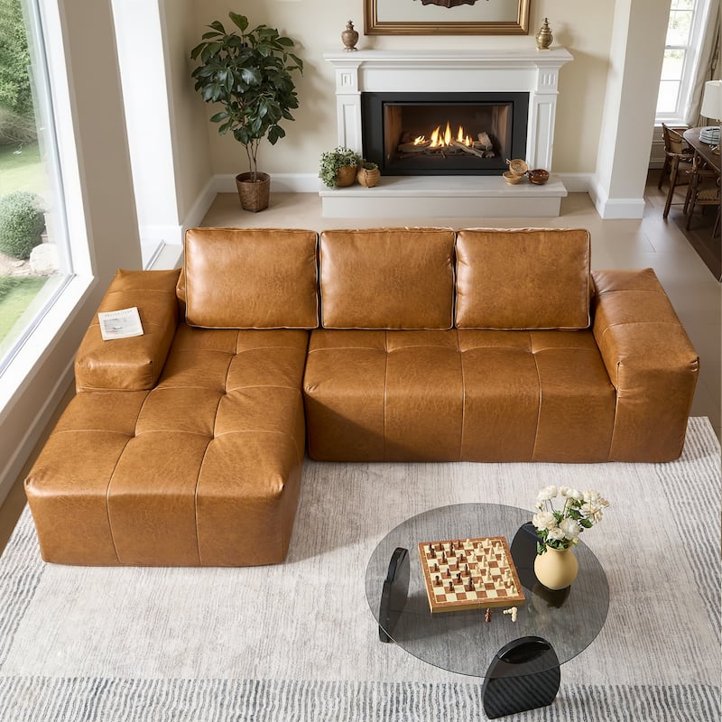 HOOOWOOO Mid-Century Modern Upholstery Fabric L-shaped Sectional Sofa - Left Chaise-Brown
