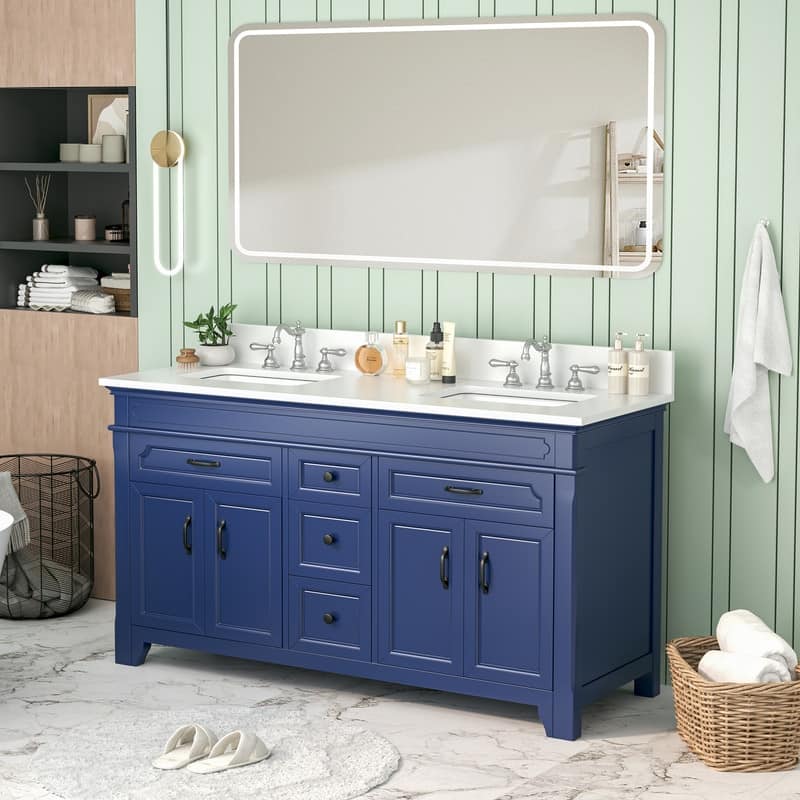 60-Inch Double Sink Bathroom Vanity – Clean Elegant Style in Solid Wood and MDF Blend