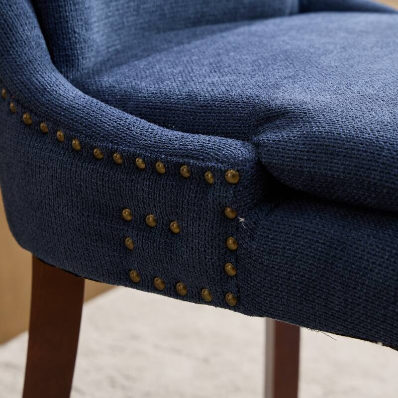 Double-layer Cushioned Dining Chairs Set of 2 Chenille Mid-Back Chair with Nailhead Trim Side Chair with Bent Wood Legs
