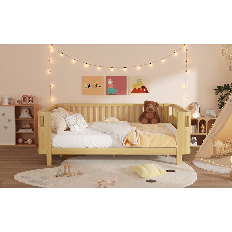 Roomfitters Queen Platform Bed, Low Profile Slatted Daybed with Wooden Frame and Removable Guardrails for Bedrooms