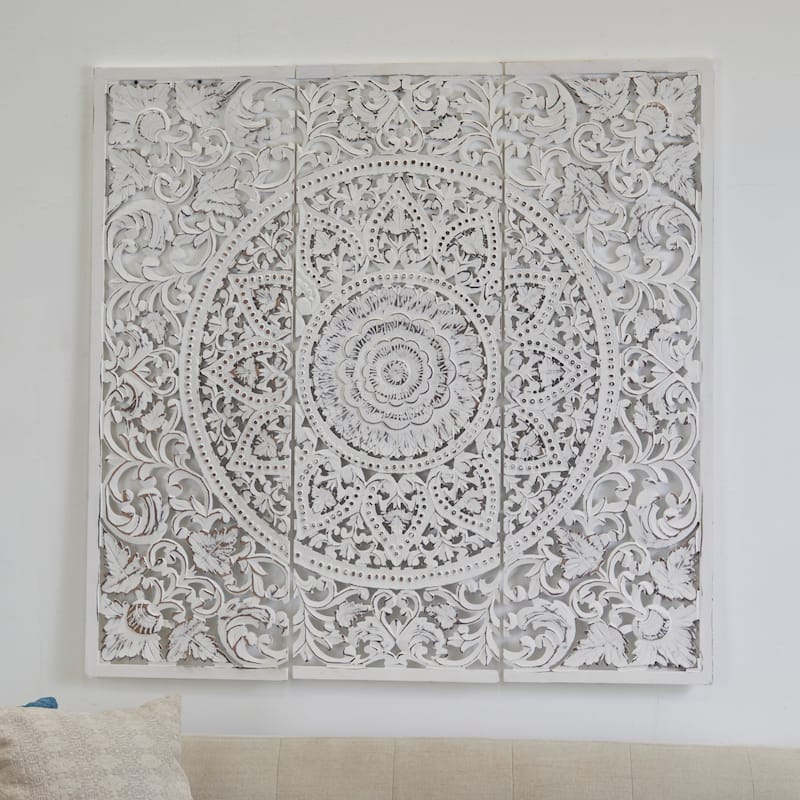 Wooden Handmade Intricately Carved Floral Wall Decor with Mandala Design (Set of 3) - Brown or White - White - 16"W, 48"H