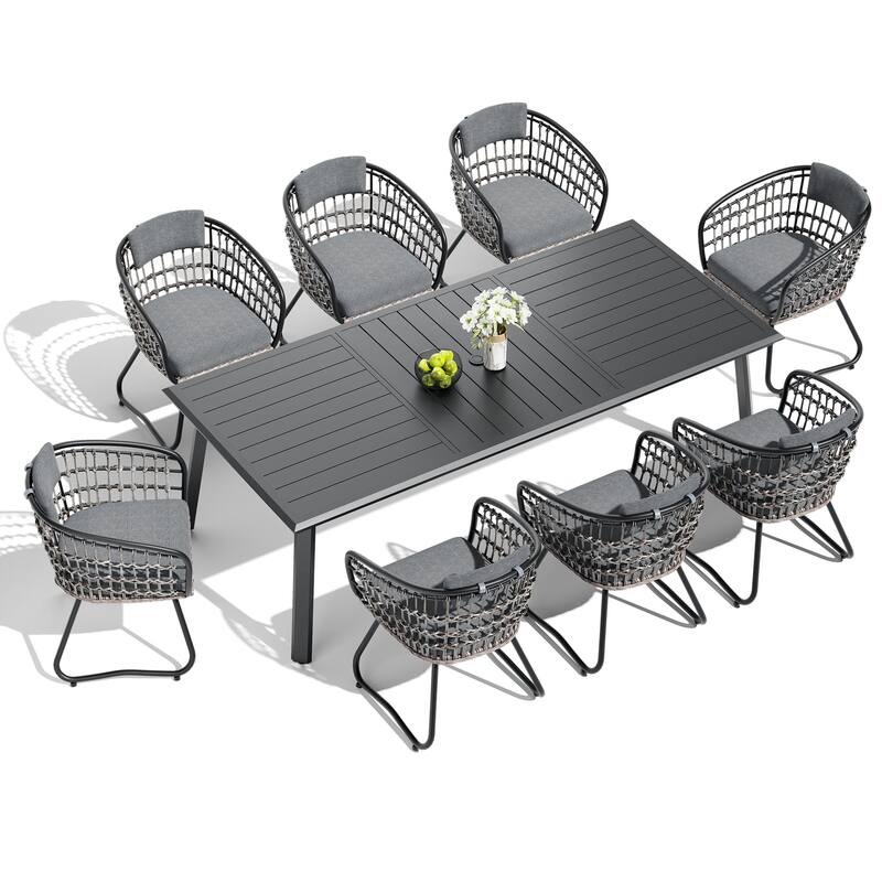 7/9/11-Piece Set Outdoor Aluminum Dining Table with Umbrella Hole and PE Rattan Chairs