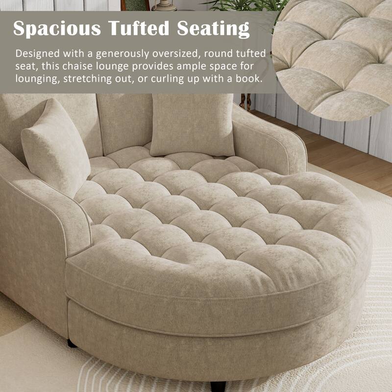 55" Champagne Chenille Chaise Lounge Sofa Bed with Tufted Seat and Detachable Pillows