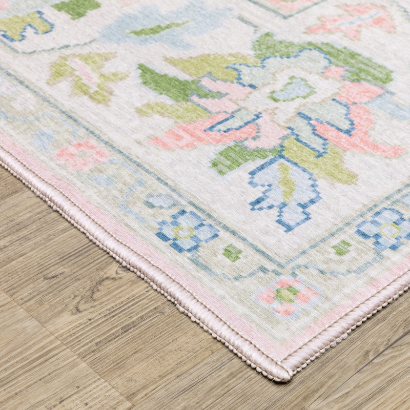 Addison Traditional Bordered Floral Pink/ Green Printed Washable Flat Pile Area Rug